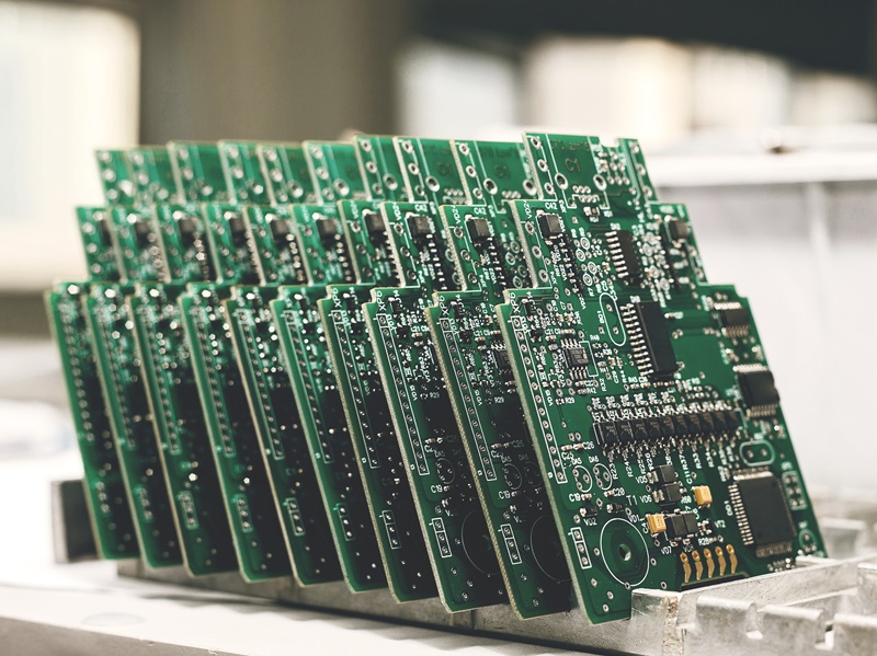 Platinenbestückung mit SMD, THT und THR Bauteilen.