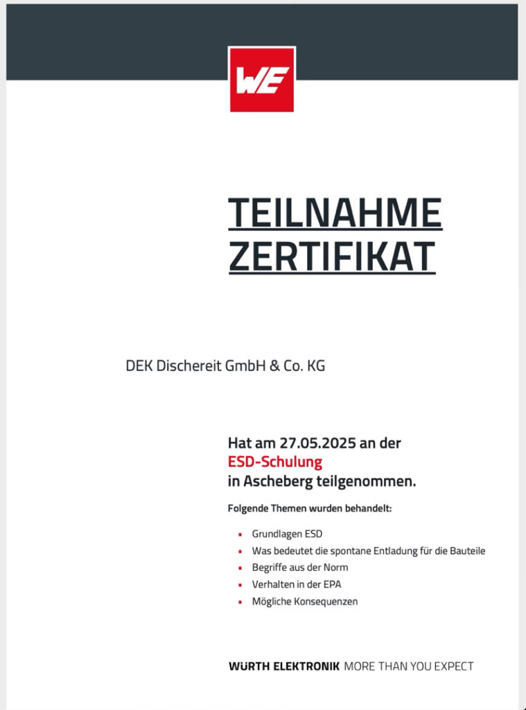 Zertifikat zur Inhouse ESD-Schulung