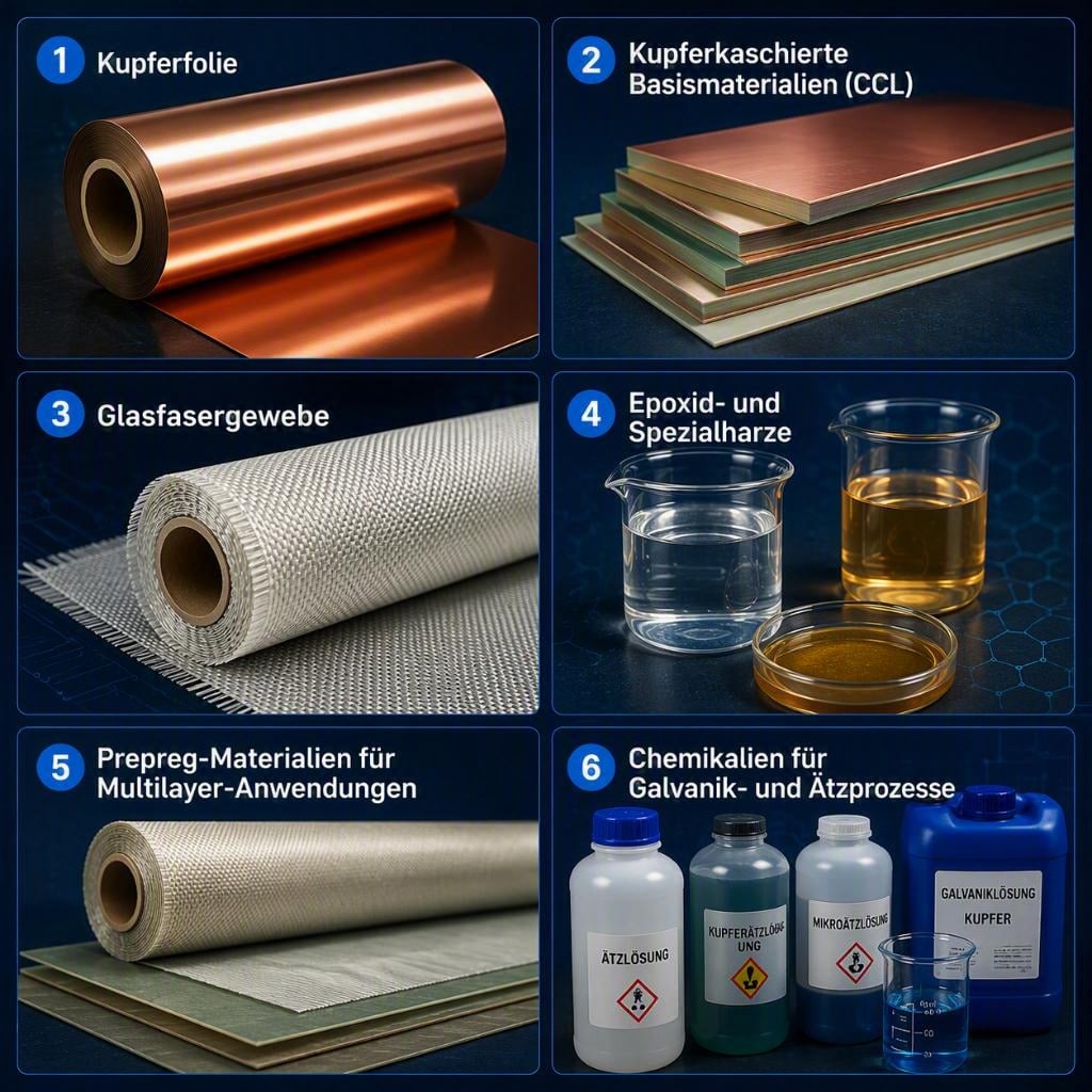 Infografik zu wichtigen Leiterplattenmaterialien mit Kupferfolie, kupferkaschierten Basismaterialien, Glasfasergewebe, Epoxidharzen, Prepreg-Materialien und Chemikalien für Galvanik- und Ätzprozesse.