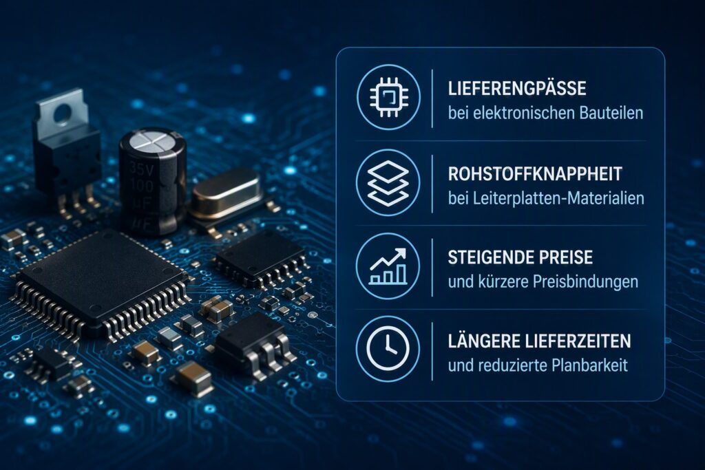 Leiterplatten, elektronische Bauteile und globale Lieferketten mit Hinweisen auf Lieferengpässe, Rohstoffknappheit, steigende Preise und längere Lieferzeiten