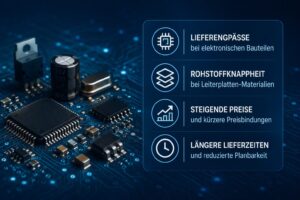 Leiterplatten, elektronische Bauteile und globale Lieferketten mit Hinweisen auf Lieferengpässe, Rohstoffknappheit, steigende Preise und längere Lieferzeiten