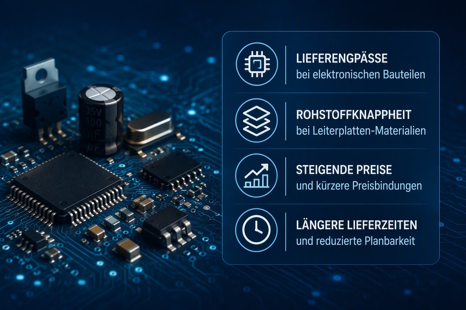 Leiterplatten, elektronische Bauteile und globale Lieferketten mit Hinweisen auf Lieferengpässe, Rohstoffknappheit, steigende Preise und längere Lieferzeiten